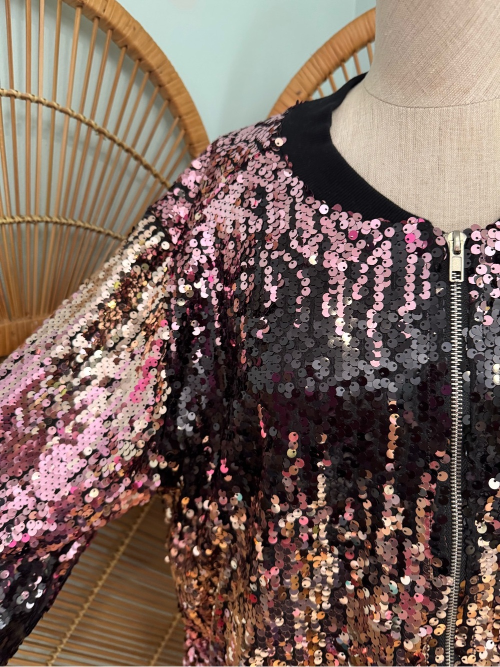 Forever 21 Ombré Pink and Gold Sequin Bomber Jacket, Size 2XL - Picture 3 of 12